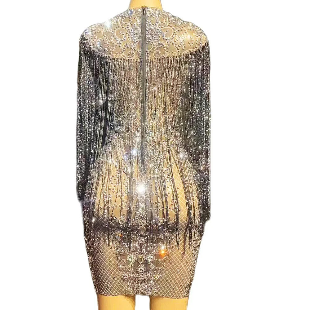 Schwarze Gaze-Perspektive, glänzender Kristall, glitzernde Strasssteine, sexy Kleid für Frauen, Abendparty, Kleidung, Bühnensängerkostüme