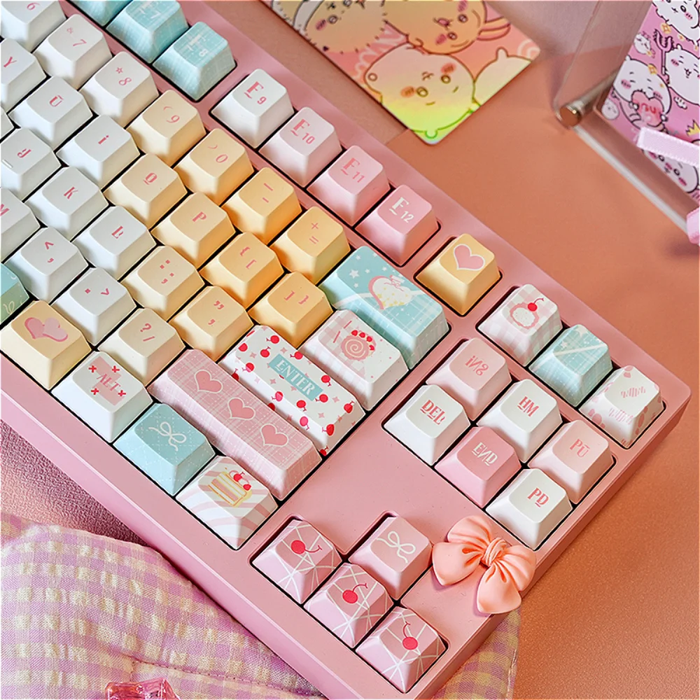 Milk Sweet Point Cherry Key Cap PBT 129 Key Girl Pink Key Cap Gift for 60/64/84/98/108 Mechanical Keyboard Accessories