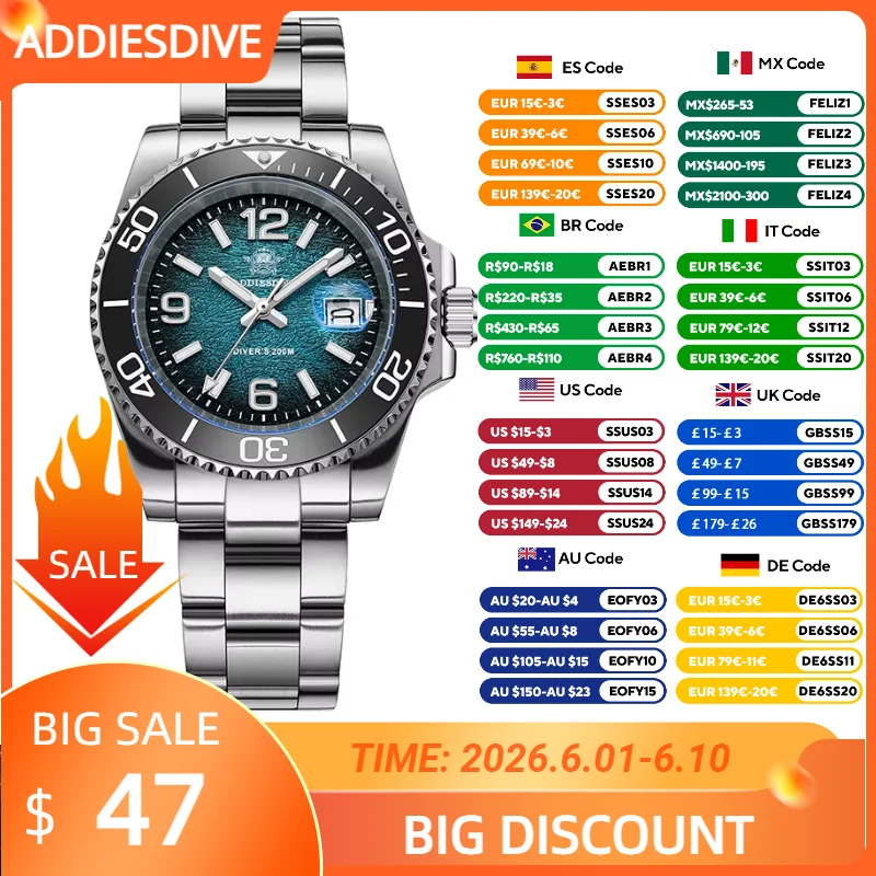 

ADDIESDIVE 41mm Men's Watch AD2513 New Quartz Wristwatch Ceramic Bezel BGW9 Luminous Watch for Men Waterproof 200m Dress Watches