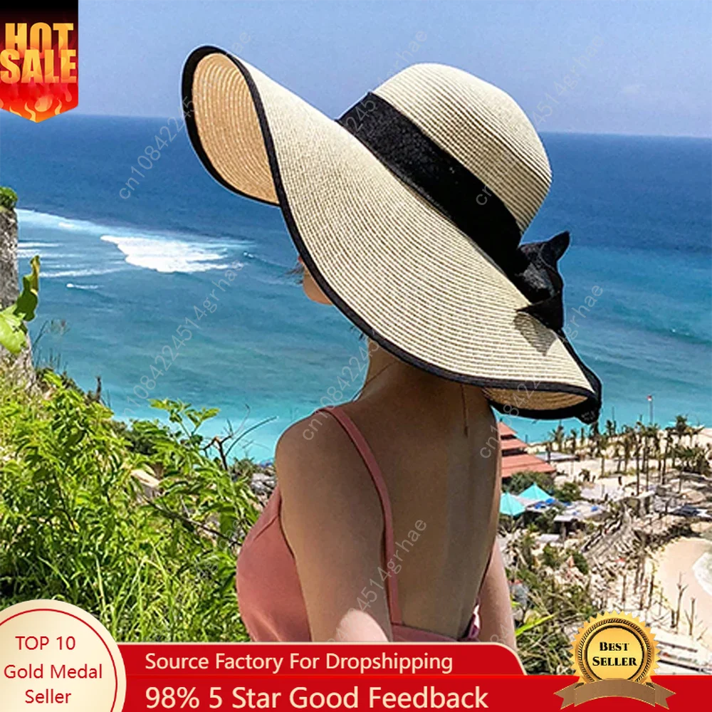 

1pc Women's Oversize Brim Straw Hat Women's Summer Sun Block Big Brim Hat Seaside Bow Beach Hat Suitable For Sun Protection