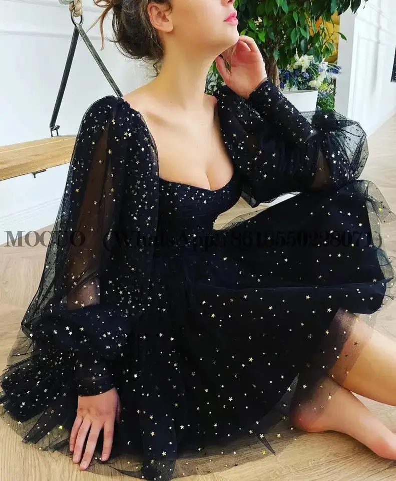 Minivestido de fiesta de tul con manga abullonada, vestido de noche de línea a, vestido de regreso a casa, Vestido corto de gala, vestido elegante negro