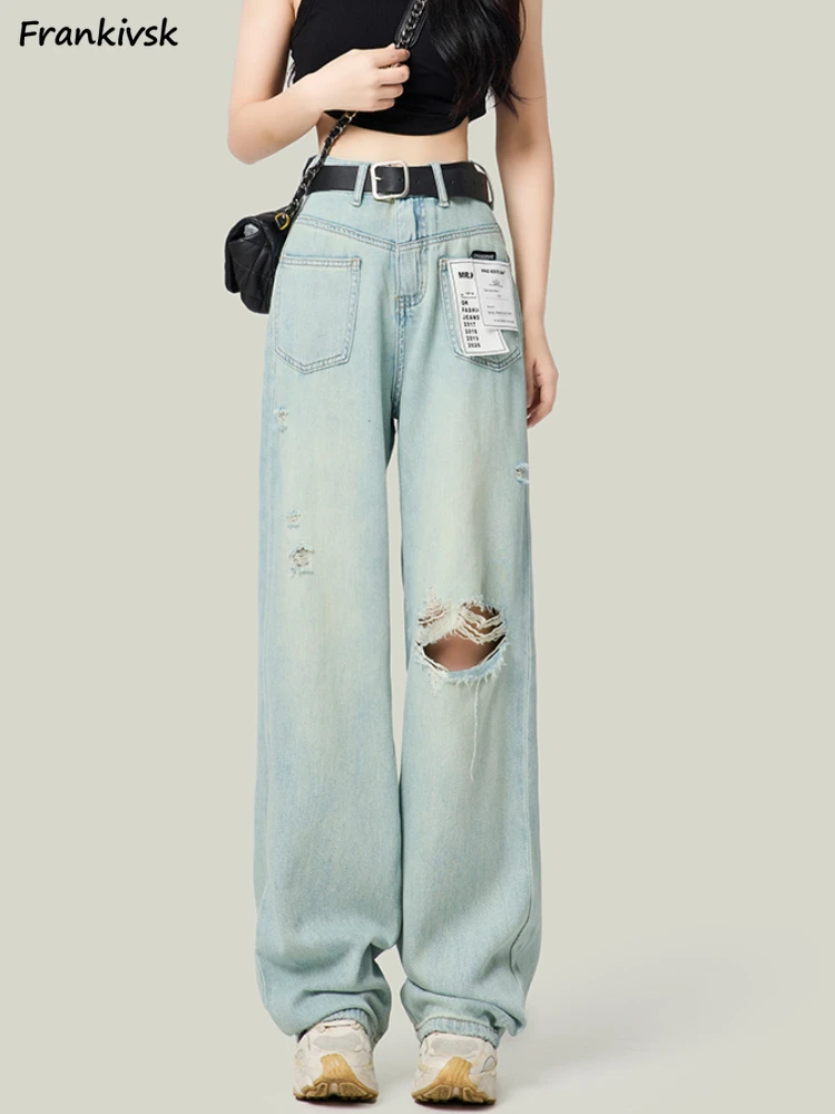 

Patchwork Jeans Women Hole Asymmetrical Denim Washed Vintage Bleached European Style Retro Loose Wide Leg High Waist Trousers