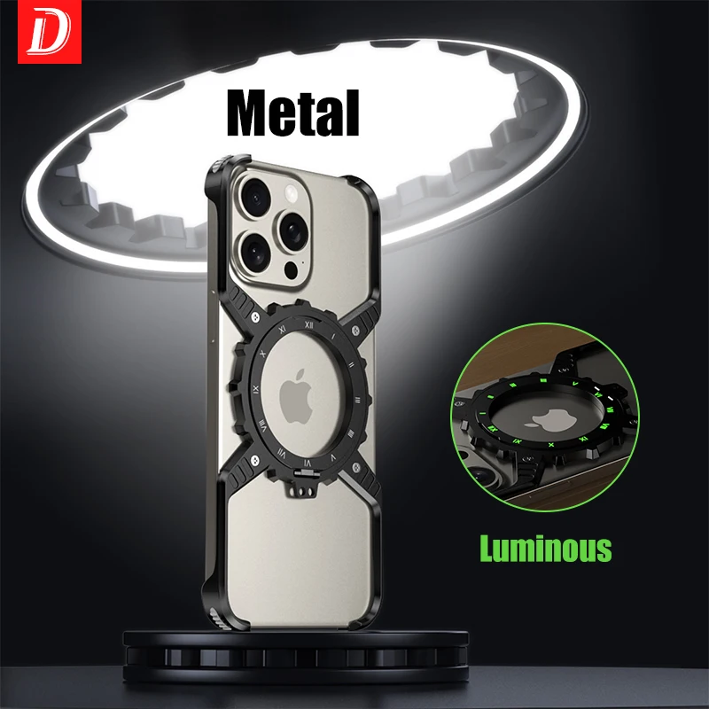 Metal Magnetic MagSafe Luminous Stand Phone Case For iPhone 14 13 15 16 Pro Max 16Pro Aluminum Alloy Hollow Rimless Bumper Cover