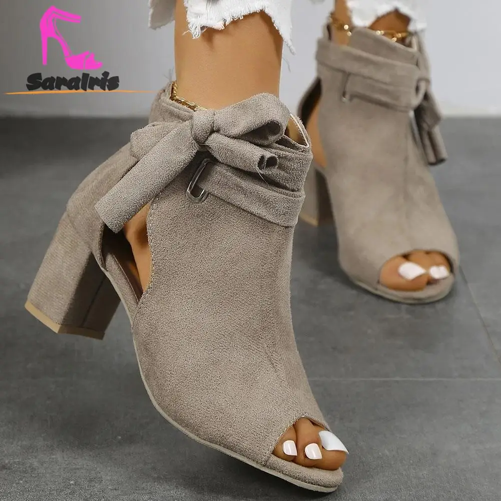 Hot Fashion Dropship 2023 Summer Women Bow Decor Sandals Chunky Heeled Boot Elegant Outdoor Flock Sandals Boot Walking Comfy