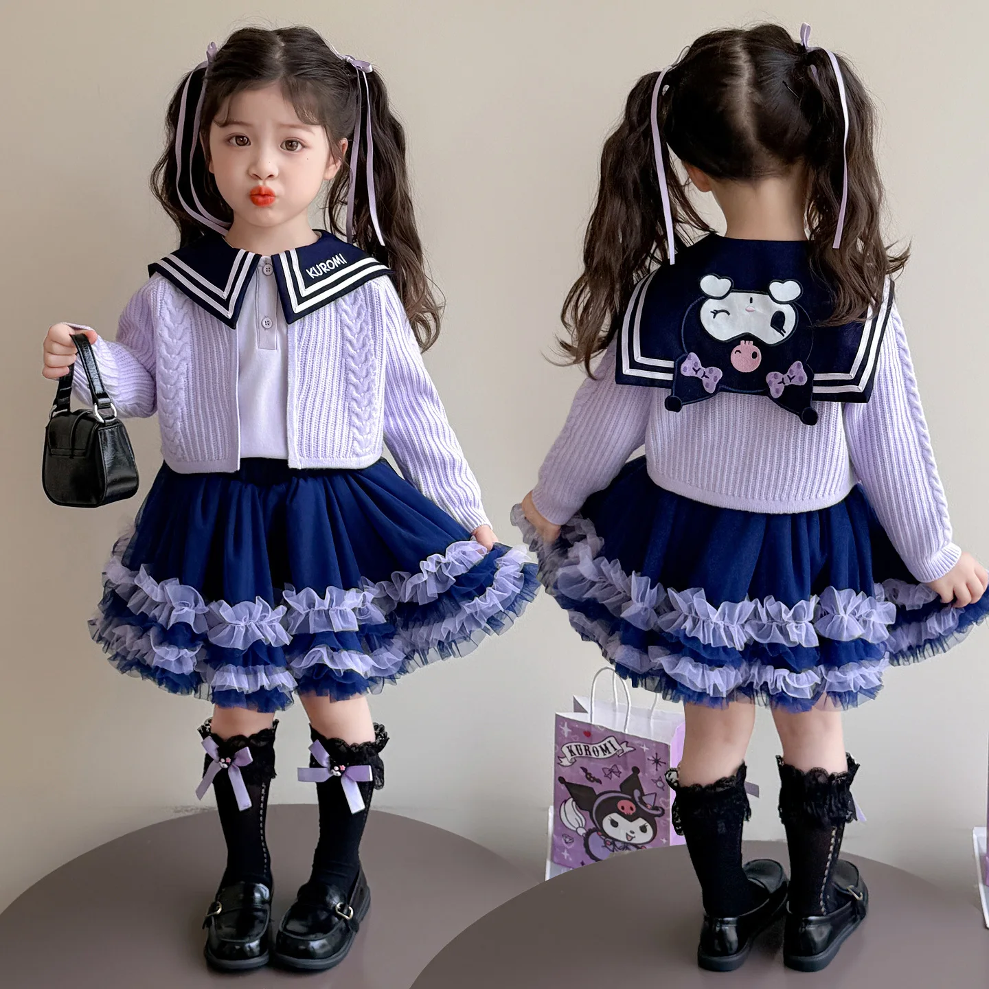 

3pcs Kuromi Children's Clothing Set with Shirt Set Skirt And Cardigan Kawaii Cartoon Anime Academy Style Dress for Kids