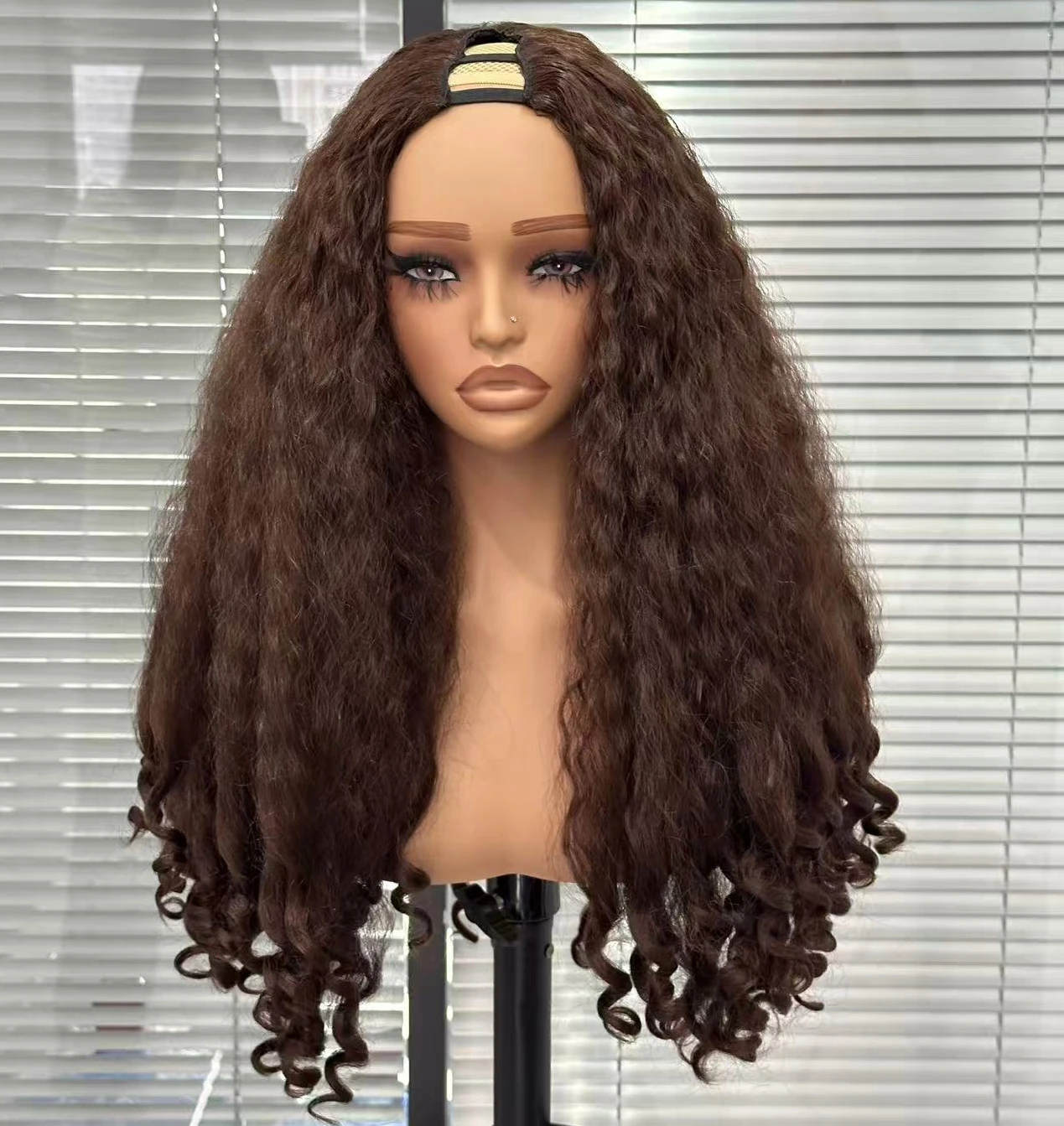 

Lush Haute Afro Curly Glueless V part Wig Brown Kinky Straight With Curly ends Yaki Wig Full Machine Synthetic Wig For Beginner