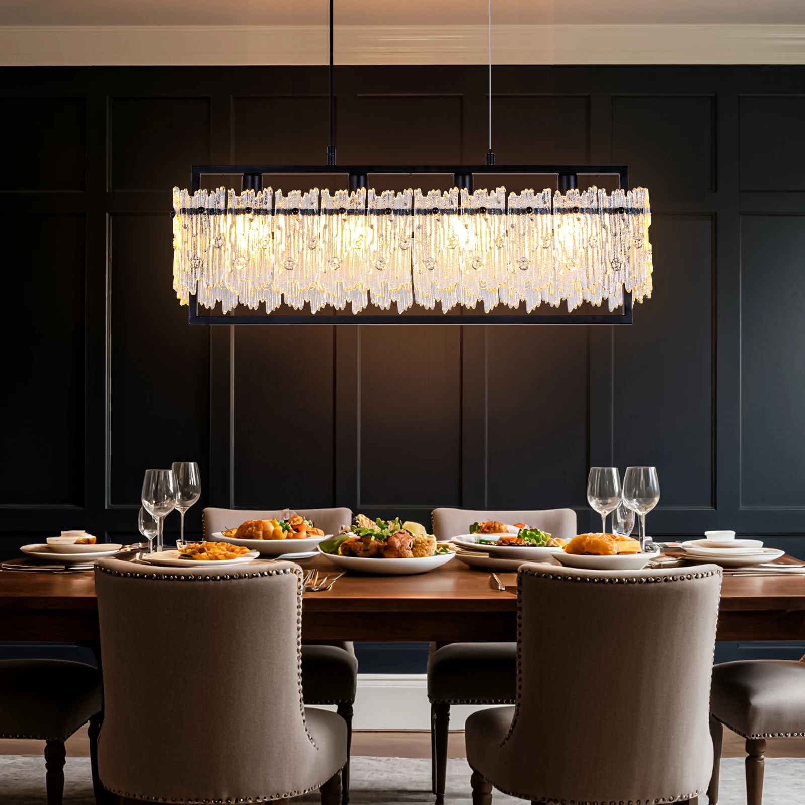 MantoLite غرفة الطعام تركيب المصابيح الحديثة مستطيل Golde كريستال 4-Light الثريات لغرفة الطعام 25 "الخطي مزرعة الخفيفة