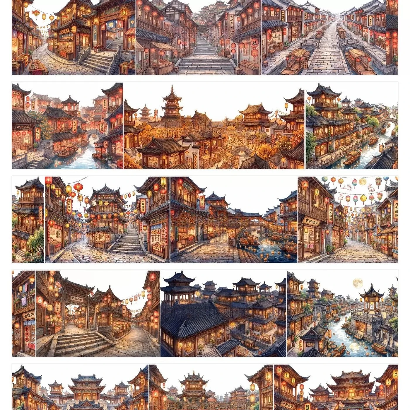 Ancient Style Mid Autumn Scenery Modern Big Villa Osmanthus Branch Landscape Scenery Washi Tape Sample