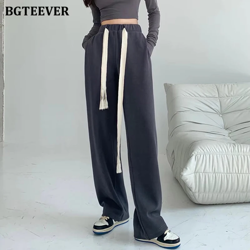 BGTEEVER Spring Drawstring Trousers for Women Casual Elastic Waist Loose Pockets Solid Wide Leg Long Pants Female