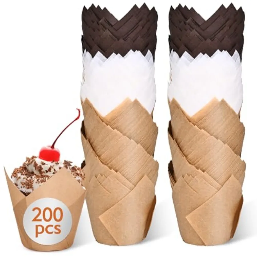 200pcs Tulip Cupcake Liners for Baking Cups, Excellent Muffin Liners, Unbleached Parchment Paper for Baking, Grease Resistant C