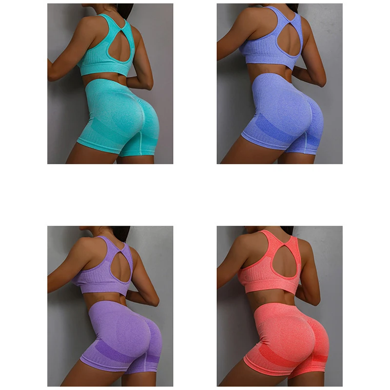 2pcs Yoga Sets Womens Outfits Peach Hip Lifting Suit Neck Hanging Sports Bra Shockproof Quick Drying Shorts Set Female Tracksuit image 4