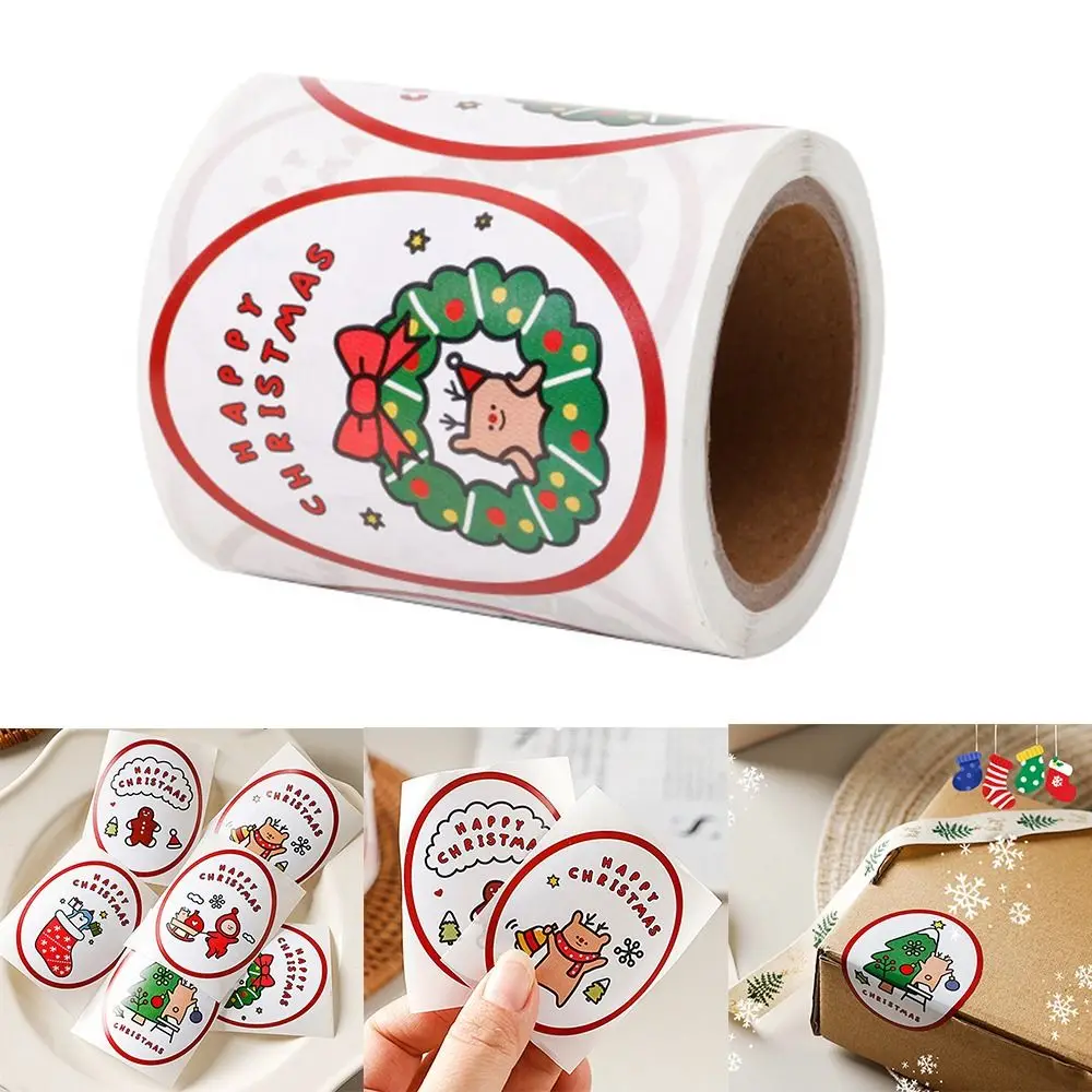 120pcs/roll Cartoon Merry Christmas Stickers Elliptical Easy to Use Gift Decorative Labels Decorative Convenient