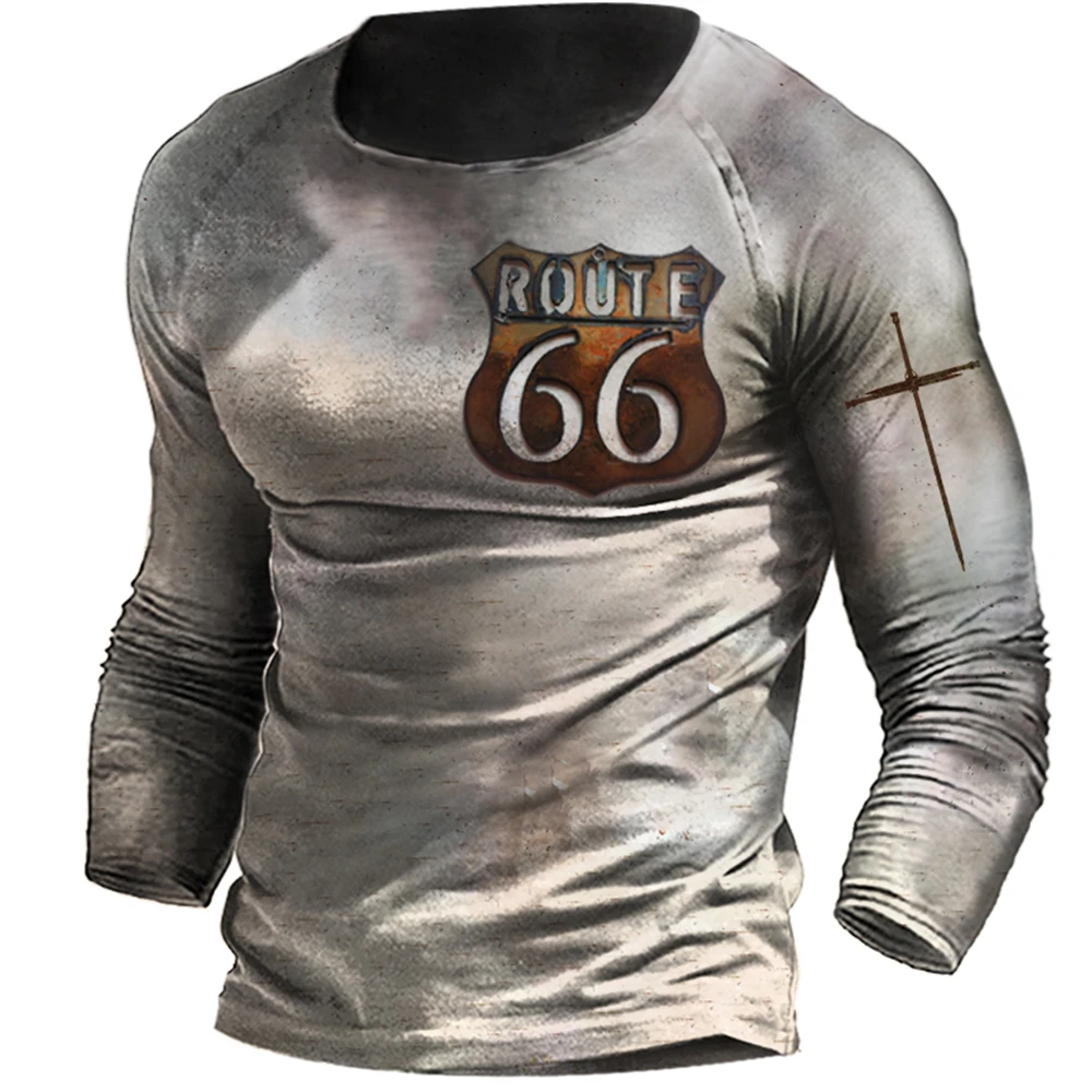 Vintage Motorcycle T-shirts For Men 3D Cotton Long Sleeve Route 66 Letter Print Biker T Shirt Overisized Tee Shirt Men Clothing