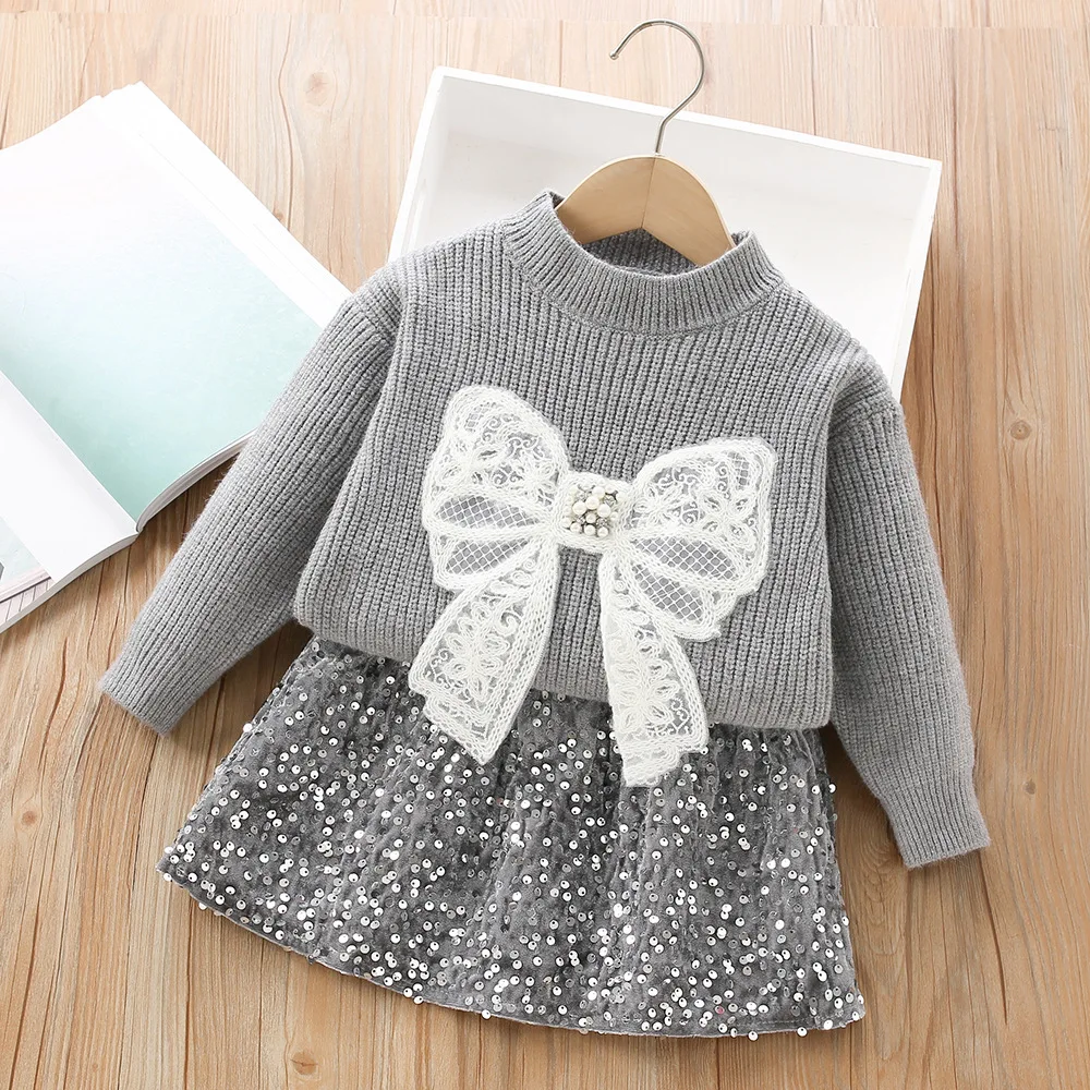 Spring Autumn 1-6Y Girls 2PCS Clothes Set Patchwork Lace Bow Round Collar Kid Girl Sweater A-line Sequin Toddler Girl Skirt Suit