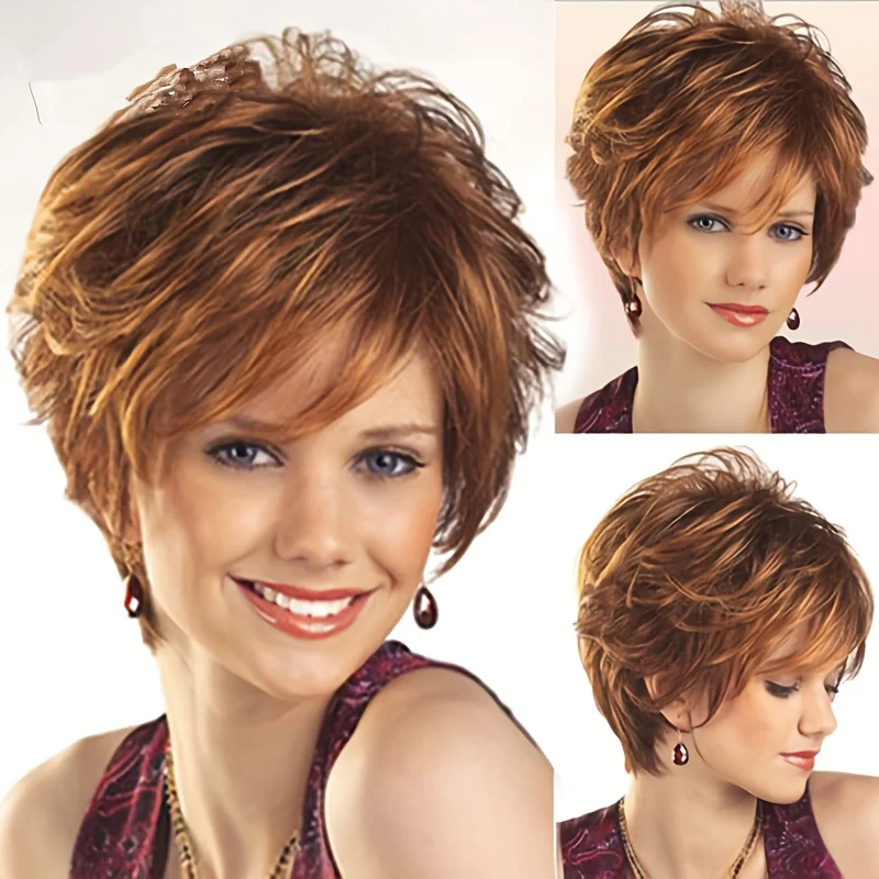 

European and American wig women's gold short curly hair fluffy realistic synthetic fiber wig