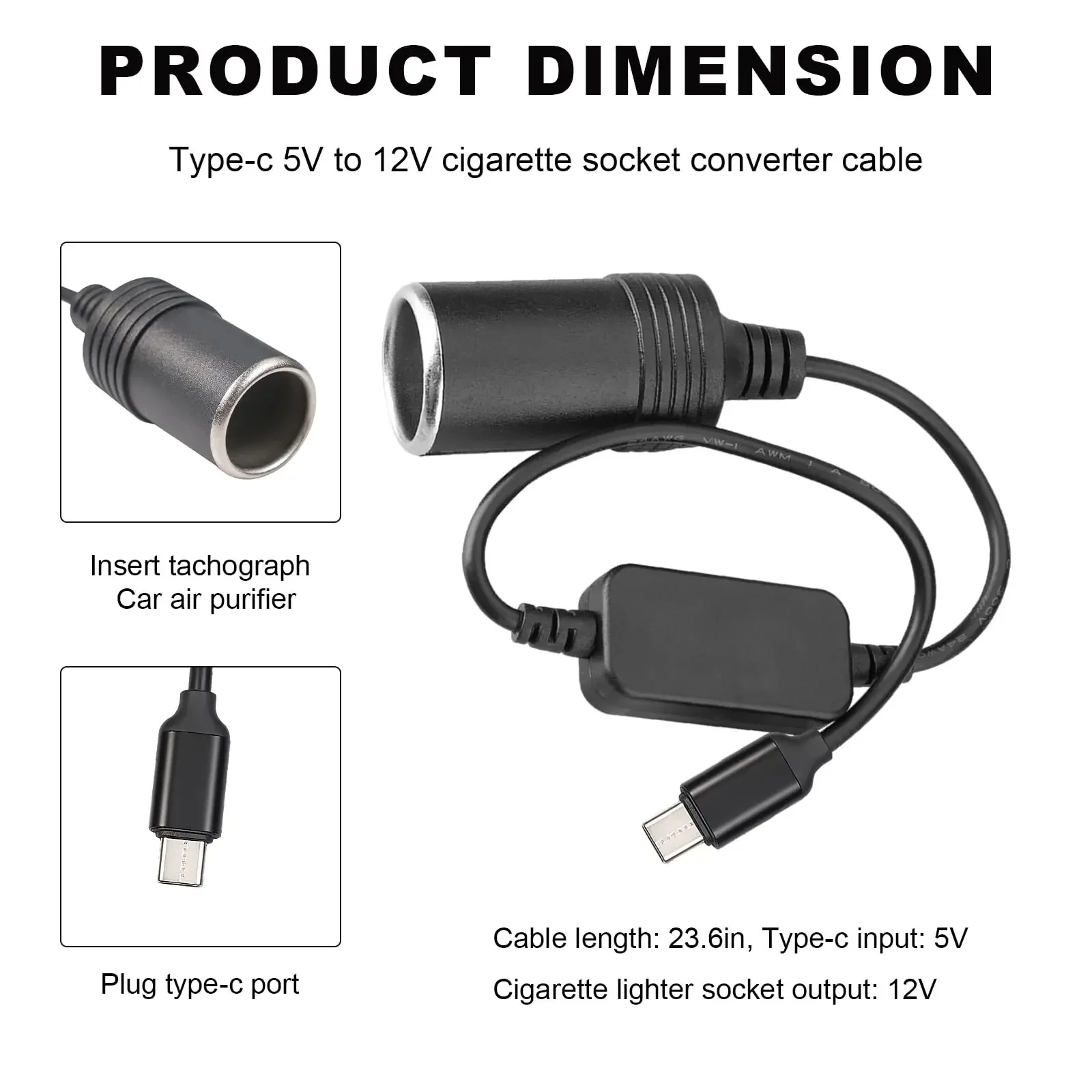 5V To 12V Type-C/USB Cigarette Lighter Socket Male to Female Cigarette Lighter Adapter 35cm Converter Car Interior Accessories