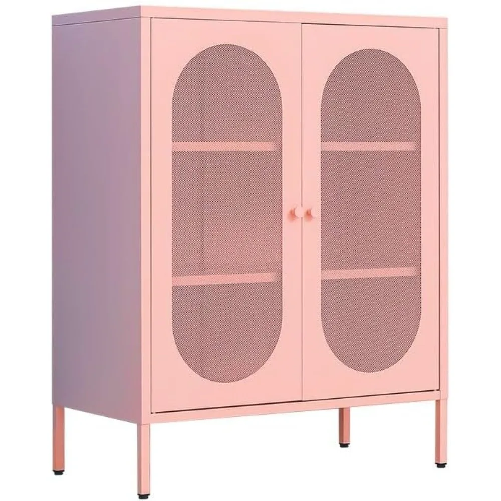 

Pink Metal Locker Storage Accent Cabinets with 2 Adjustable Shelves, 3 Tier Metal Storage Cabinet with Legs, Steel Cupboard Lock
