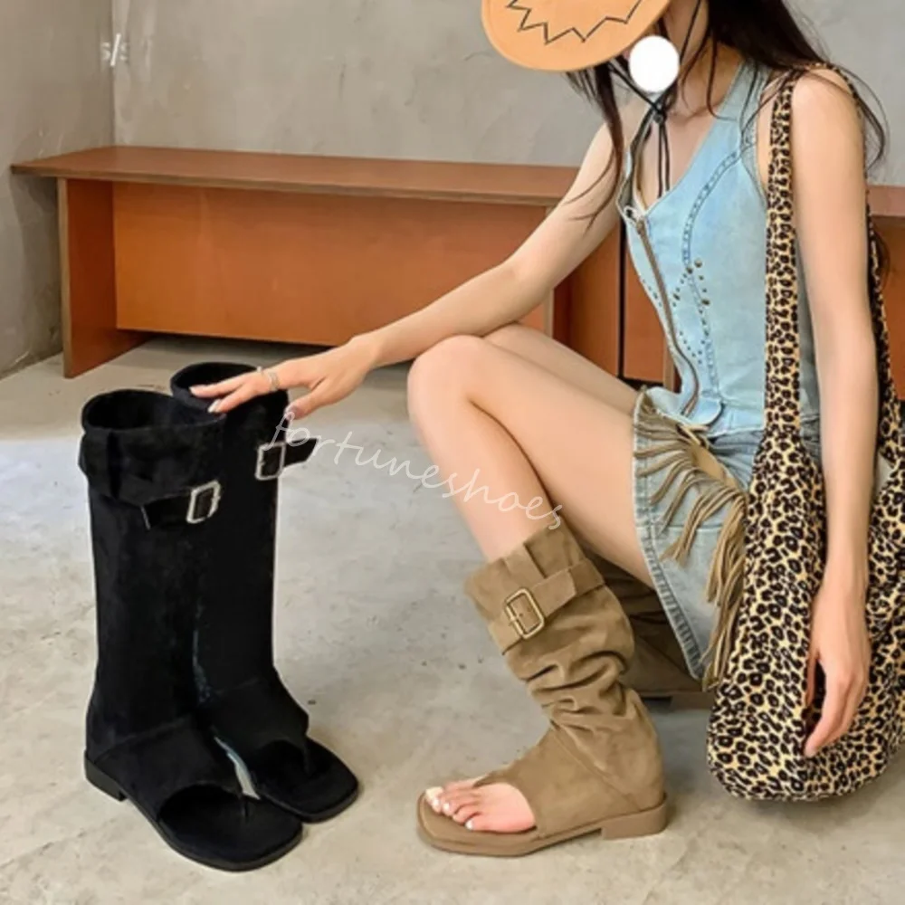 

Sexy Suede Pleated Flip Flops Boots Women Khaki Square Toe Tum Over Slip On Western Cowboy Knee High Boots New Modern Sandals