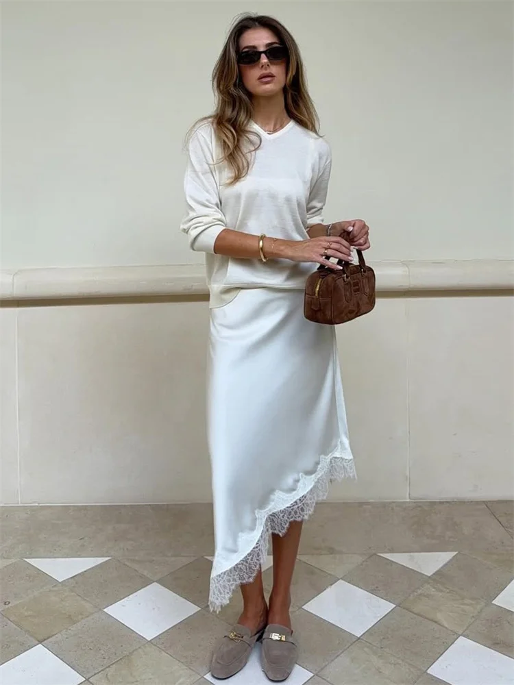 Tossy White Lace Patchwork Long Skirt For Women Slim High Waist Elegant Commute Printed Party Looks Clothes Female Maxi Skirts