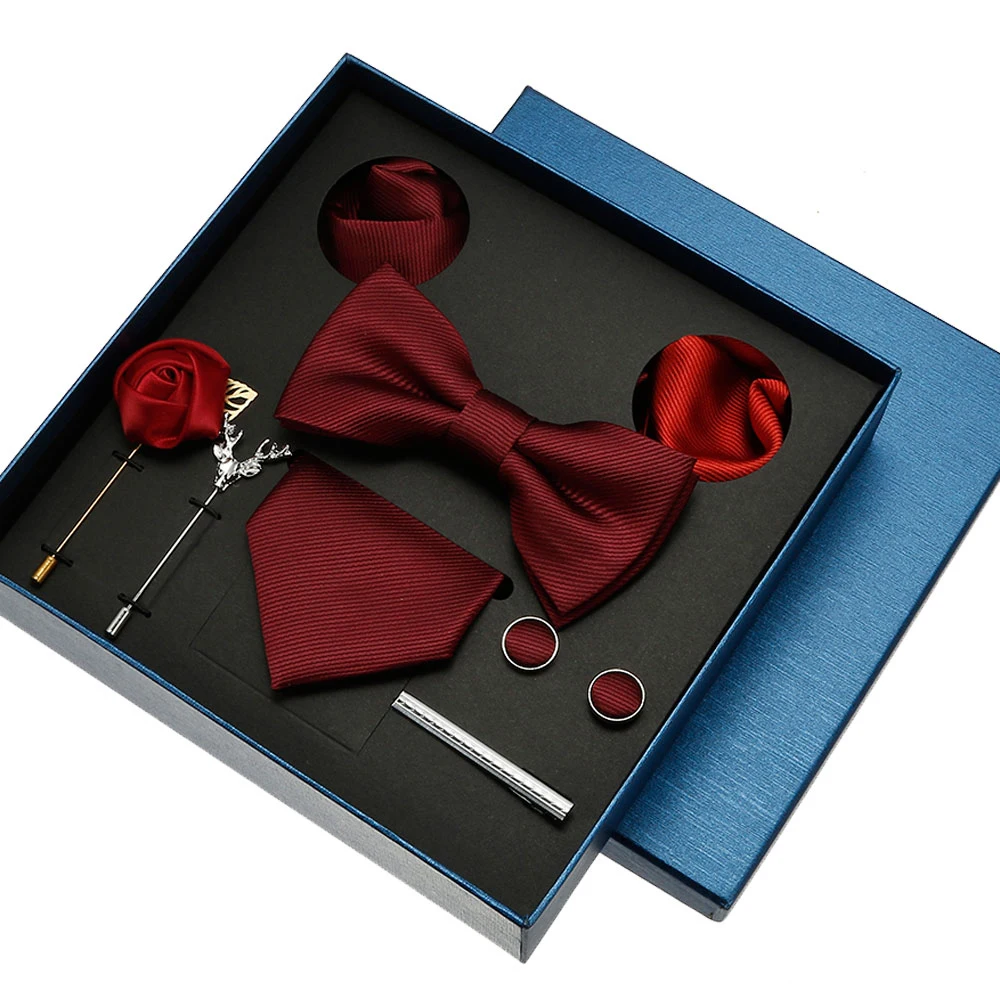 Corbatas de seda clásicas para hombre, conjunto de gemelos cuadrados de bolsillo, corbata de Color sólido, regalo de boda y fiesta, rojo y azul