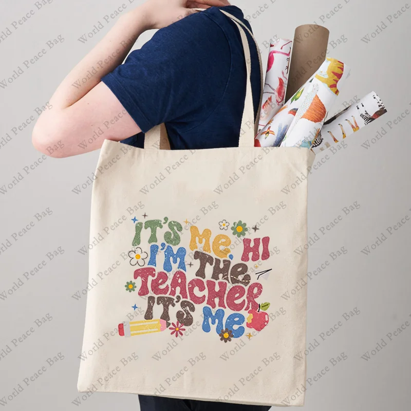 1 Pc Hi Its Me Im The Teacher Pattern Tote Bag Back To School Gift for Teacher Canvas Shoulder Bag for Travel Daily Commute Wome