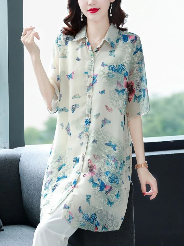 

2026 Trendy Flowy Chiffon Top for Mothers Lightweight Summer Women Print Shirt Midi Slimming Fashion
