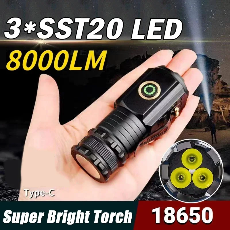 High Quality 3*SST20 LED Flashlight 18350 Super Bright Torch Rechargeable USB Light Waterproof with CAP CLIP for Hiking Camping