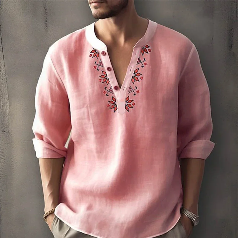 Men Blouse Vintage Bohemian Printed Long Sleeve Casual Button-Down Shirt Blouse Loose Henley V-Neck Beach Tops Hawaiian T Shirts