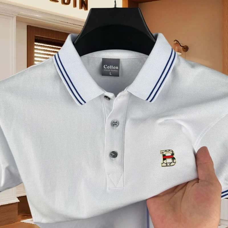 100% pure cotton high-end brand men's short sleeved polo shirt summer fashion new striped B letter badge golf top casual T-shirt
