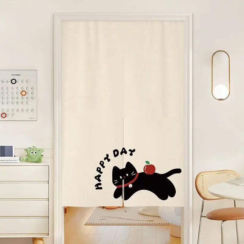 Simple Lines, Black Cat Door Curtain, Fun Happy Day Text, Apple Pattern, Home Use, No Punching, Room Cover, Decorative Curtain