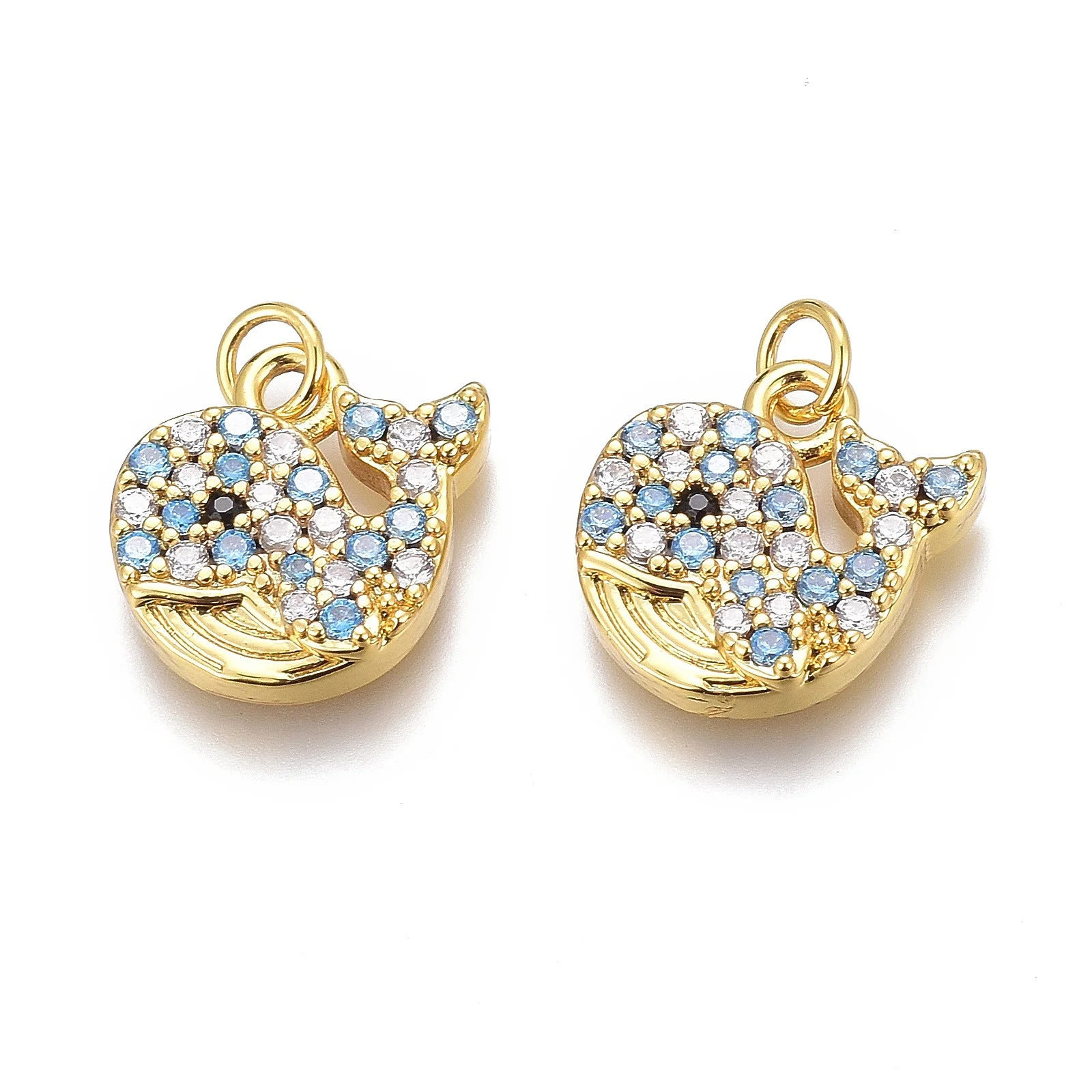 

5pc Metal Clear & Sky Blue Cubic Zirconia Charms with Jump Rings Whale Shape Gold Plated for Making DIY Jewelry Necklace Earring