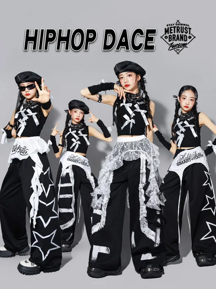 Girls K-pop Modern Bow Crop Top Dance Joggers Cargo Pants Kids Hip Hop Streetwear Costumes Children Jazz Girl Group Clothes Sets