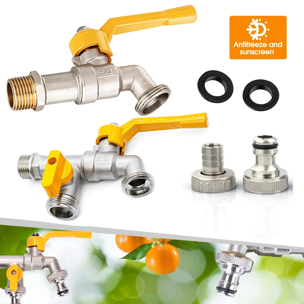 Home Garden Hose Water Ball Valve Controller Adapter Metal Cold Proof Lever Tap 1 2 Inch Double One Outlet Faucets Outdoors