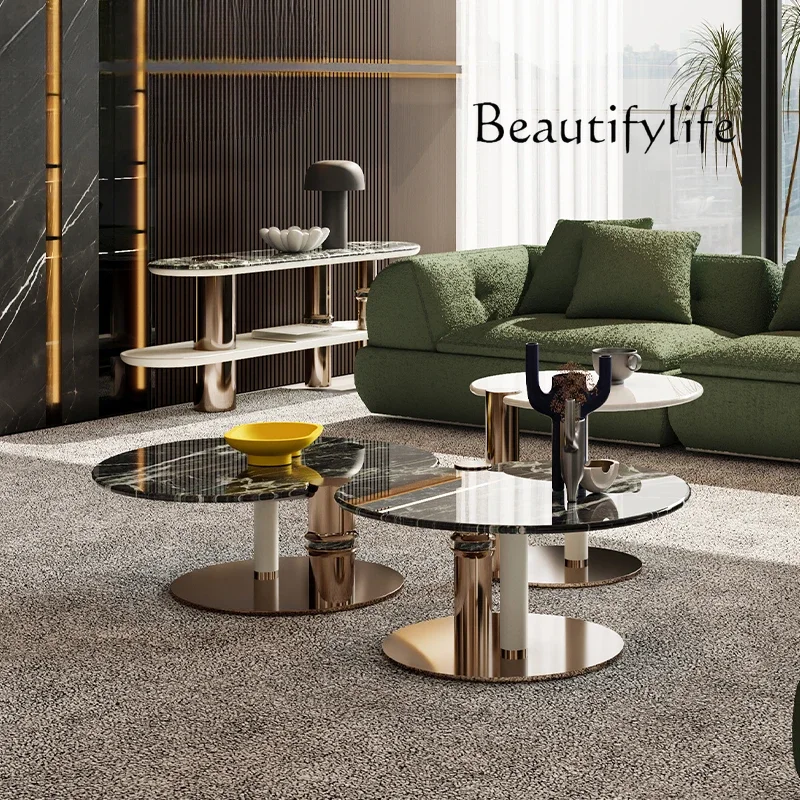 

M Итальянский современный светлый роскошный натуральный мрамор/офицированный овальный бамбуковый журнальный столик специальной формы, комбинация приставного столика