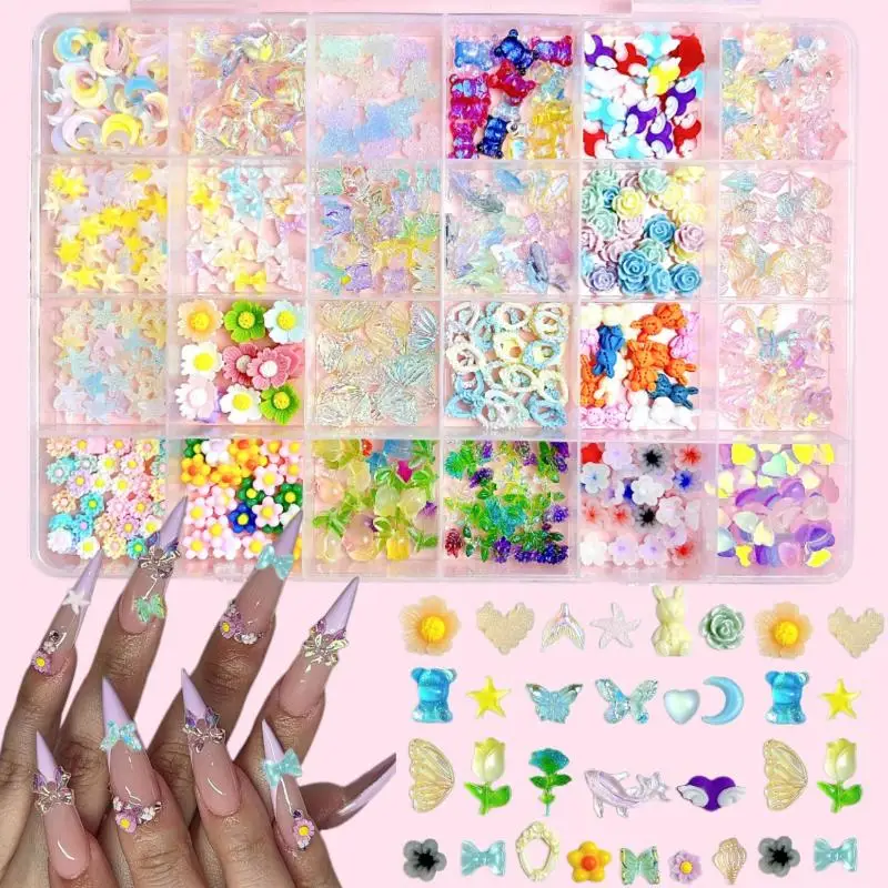 

1 Box Resin 3D Sweet Flower Starfish Nail Charms Colorful Kawaii Bear Rabbit Nail Decorations Accessories DIY Press On Nail