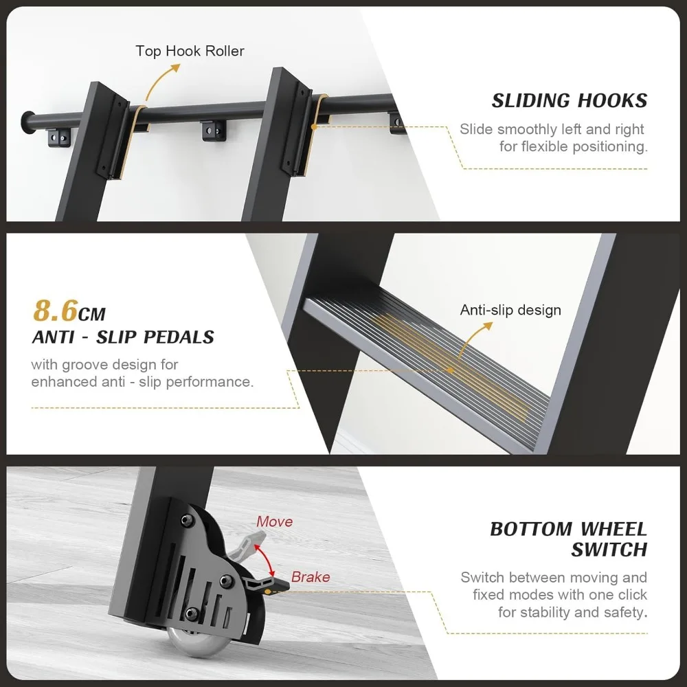Aluminium 8-Foot Rolling Library Ladder with 4-Foot Sliding Hardware Track and Bottom Wheels for Kitchen and Loft Use