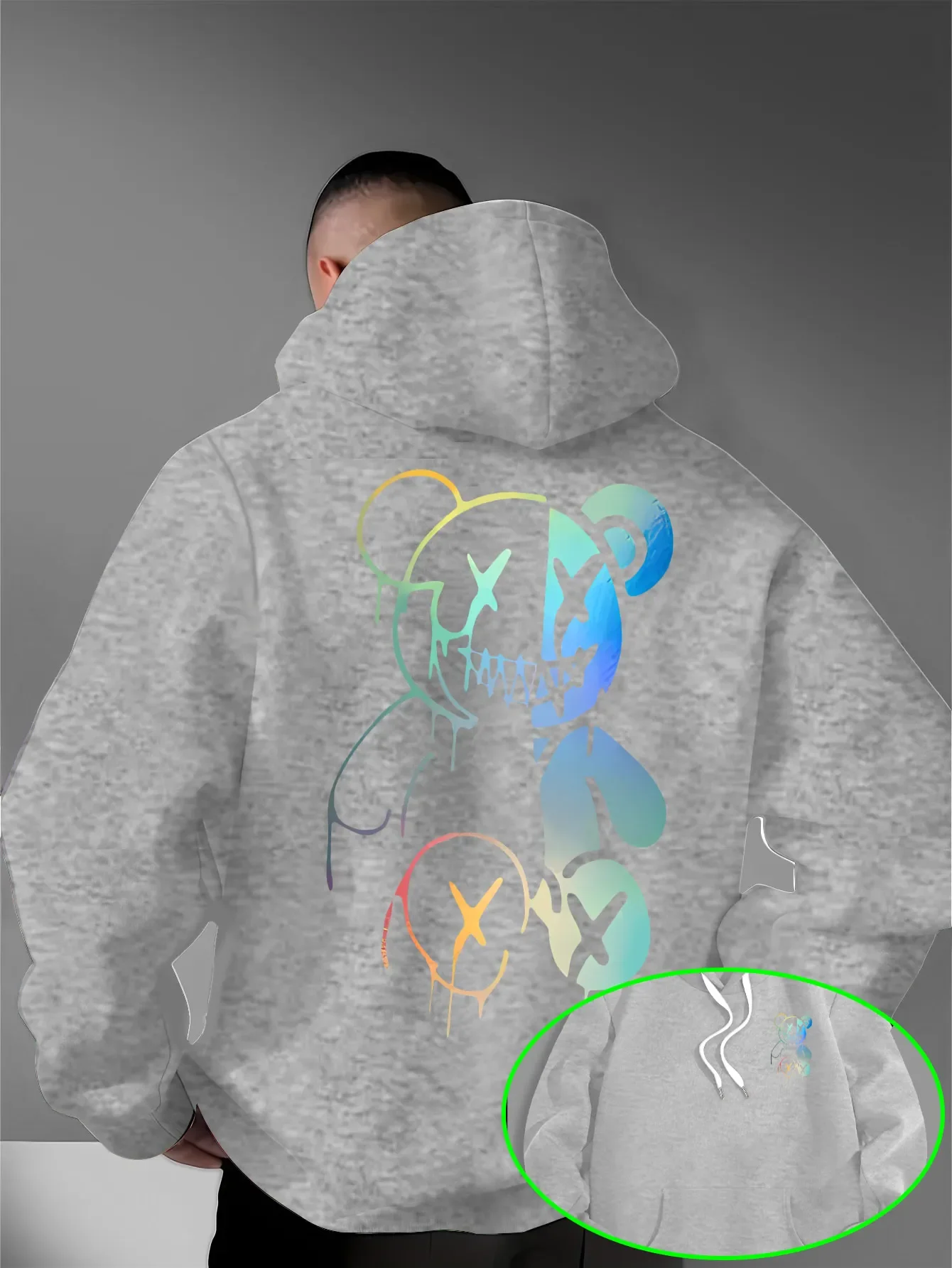 Lockere, übergroße Herren-Hoodies mit holografischem, geteiltem Evil-Bear-Motiv auf Vorder- und Rückseite, Pullover-Sweatshirt, dunkle Streetwear, Alltags-Kapuzenoberteile – Detail 10