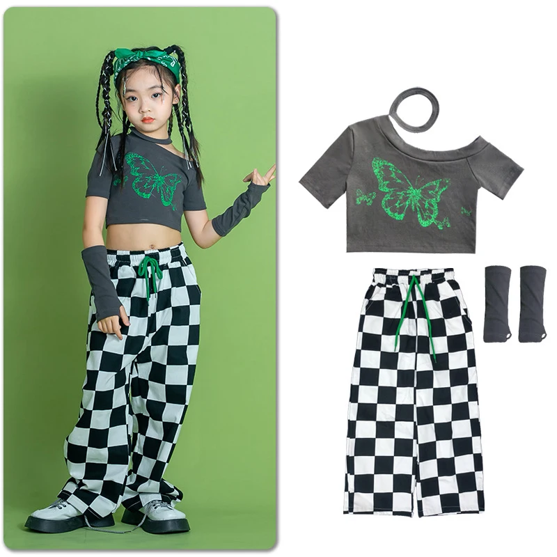 LOlanta Hip-hop Outfit for Girls Out-off Shoulder Crop Top with Cuff Plaid Casual Sports Pants Kids Dance Performance Costume