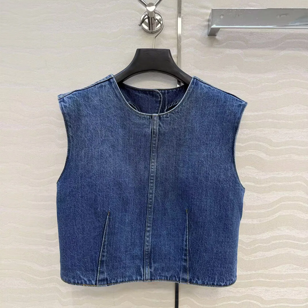 

Новая модная летняя женская майка без рукавов с круглым вырезом, сексуальный джинсовый жилет с открытой спиной и разрезом, синий, милый топ-футболка 2026