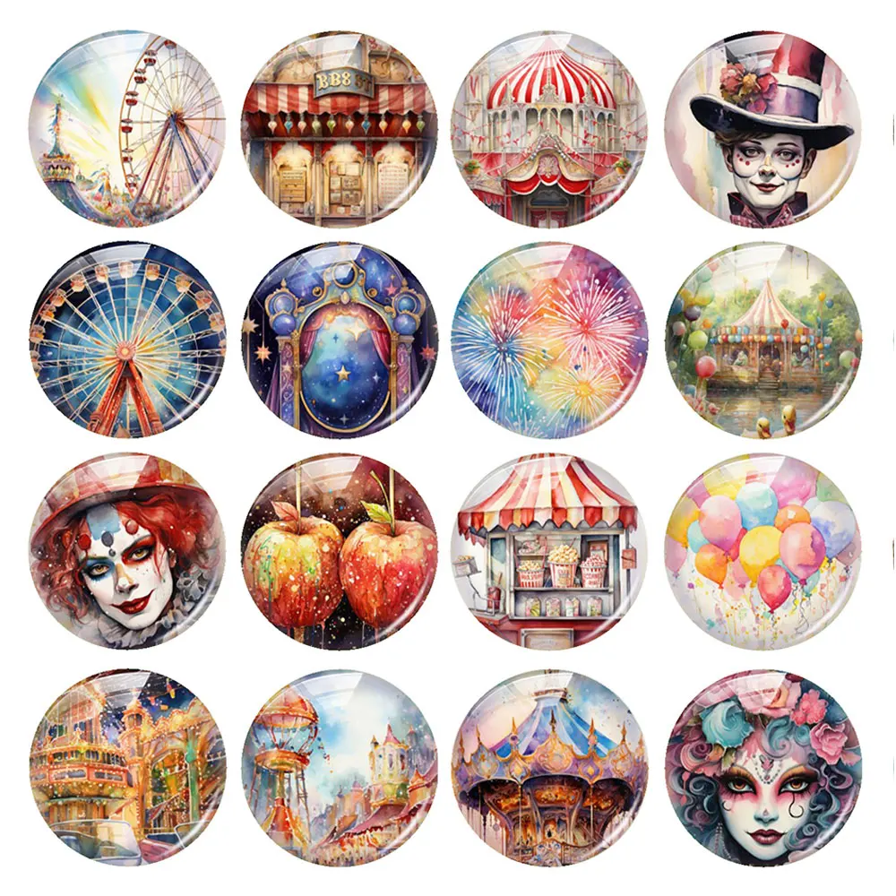 Random Mixed Round/Oval/Square Dream Circus Balloon Ferris Wheel Photo Glass Cabochon Flatback Demo Cameo For Diy Jewelry Making