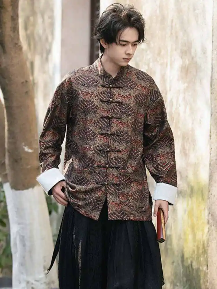 

New Chinese Sle Men's Long Sve irt Gold Printing Embroidery Retro Button Tang Costume Improved Hanfu Spring Autumn Tre...