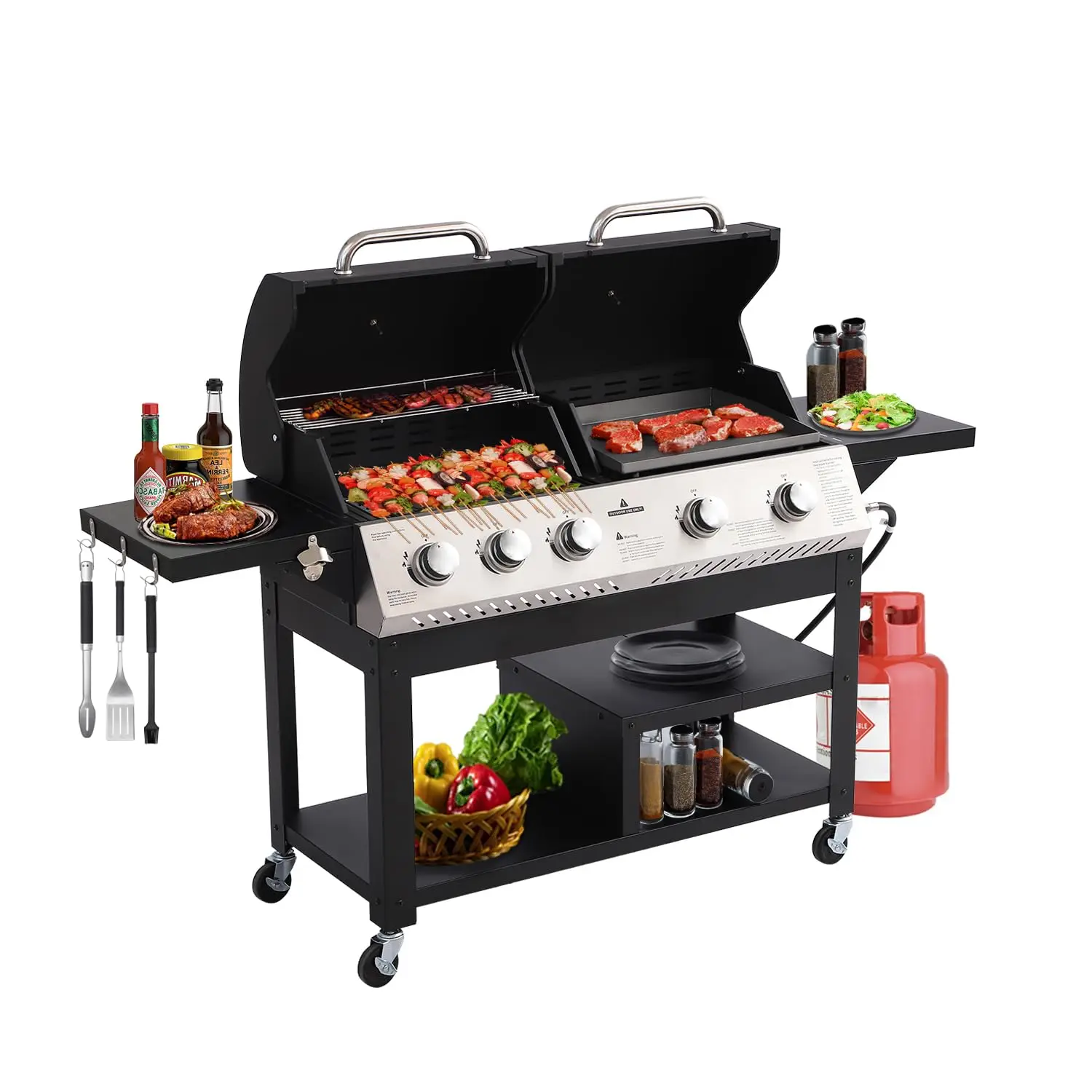 

[2026 New Update]5-Burner Propane Gas Grill and Griddle Combo, Dual Zone Outdoor BBQ with 54,000 BTU 627 SQ.IN., Custom