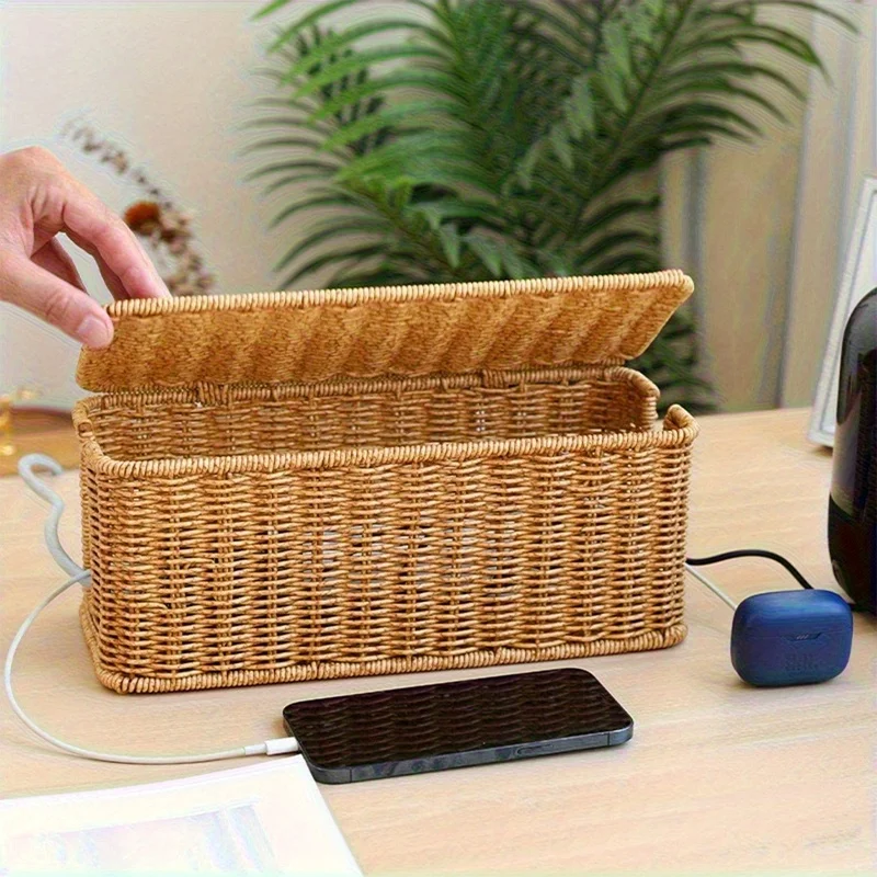 Hand-Woven Rattan Cable Organizer Box - Durable Imitation Vine Material, Multi-Compartment Storage for Power Cords, Data Cables view 6