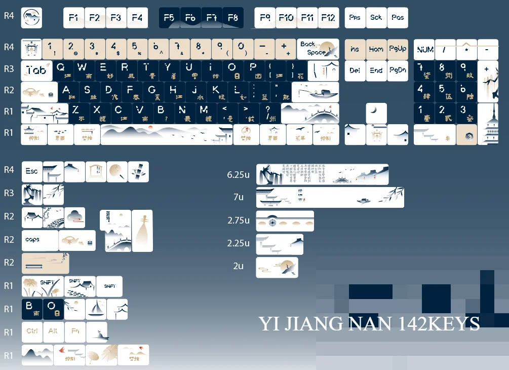 Imagem -06 - Jiangnan-five-sided Sublimação Térmica Estilo Chinês Keycap Azul Marinho Keycap Caractere Chinês 140 Chaves Mda fa Pbt