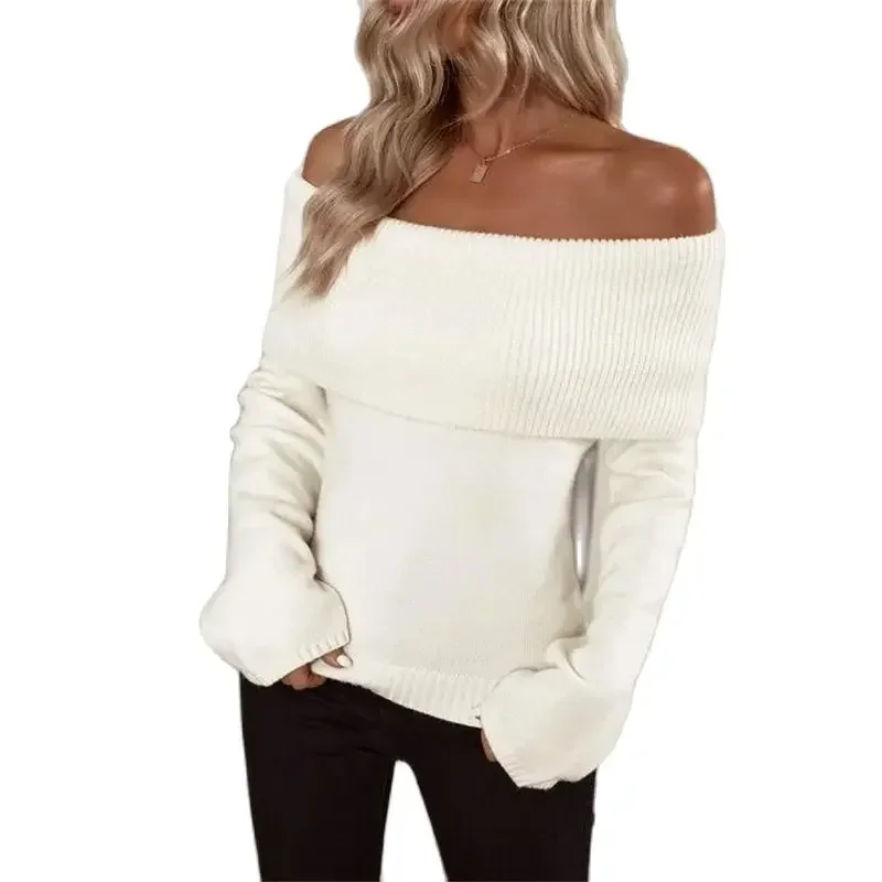 Damski sweter w jednolitym kolorze moda seksowny jednoliniowy kołnierzyk Off The Shoulder swetry z dzianiny kobiece jesienne zimowe zagęszczone