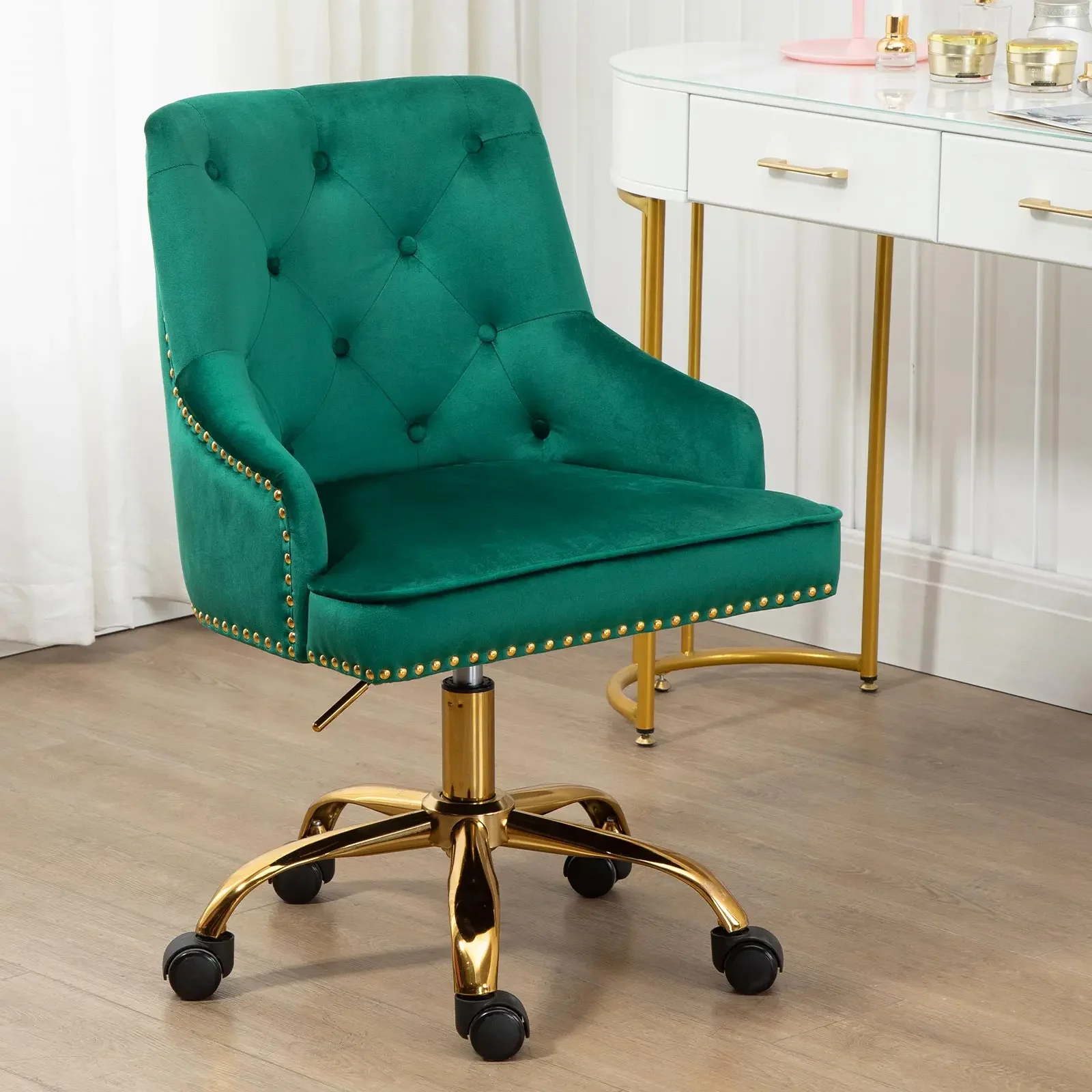 Chaise de bureau capitonnée à dossier moyen, réglable, chaise d\'ordinateur, vanité en velours doux avec rivet, meubles de support de bras, moderne,