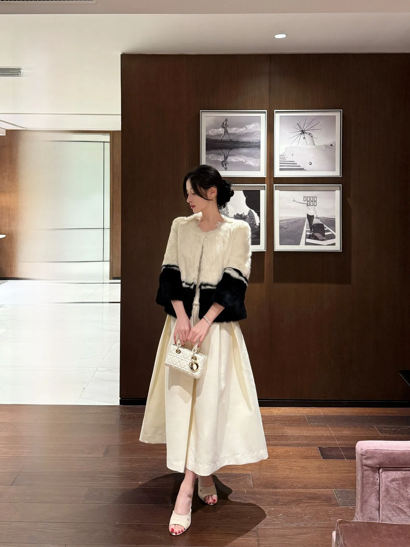 

Ele Rabbit Fur Coat with Wide Hem And Puffy Umbrella Skirt Youthful Vintage Sle Stand Fit Mid-Length No Hat Included