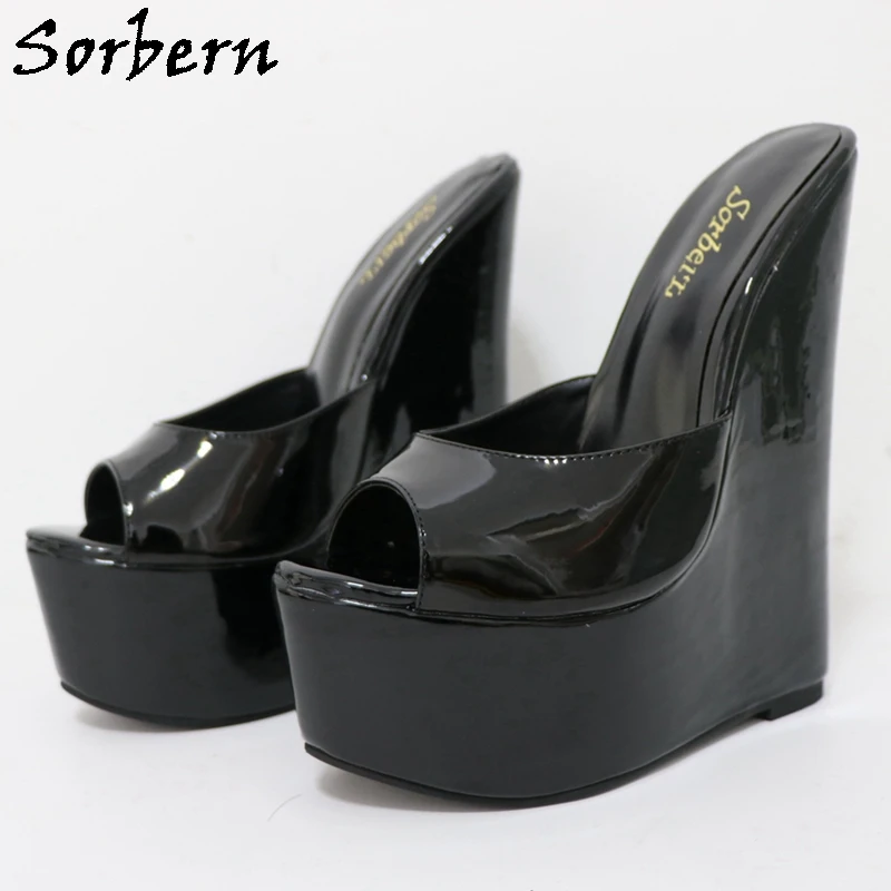 

Sorbern Black Shiny Women Slippers Outdoor Summer Shoes Open Toe Summer Platform Slip On Fetish Shoes Unisex Slides Custom