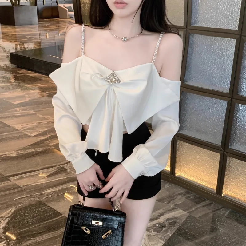 Ezgaga Sexy Shirts Women Slash Neck Off Shoulder Long Sleeve Backless Patchwork Elegant Blouse Female Fashion Crop Tops