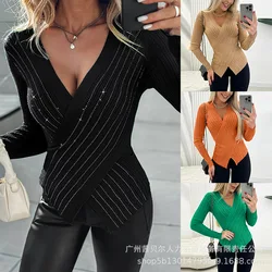 Women Tops Full Sleeve V Neck Sweaters Pullover Diamonds Spliced Striped Slim Fit Jumpers Casual Elegant Lady Patchwork 2024